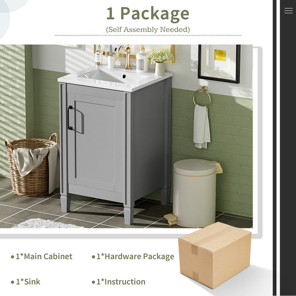 English Elm 20" Gray Bathroom Vanity with Ceramic Sink, Soft-Close Door, U-Shaped Adjustable Shelf & Door Storage Rack for Small Spaces N729P299364E