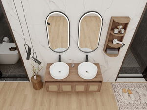 English Elm 48" Floating Bathroom Vanity Dual Ceramic Vessel Sinks Oak Finish Soft Close Doors W999S00504