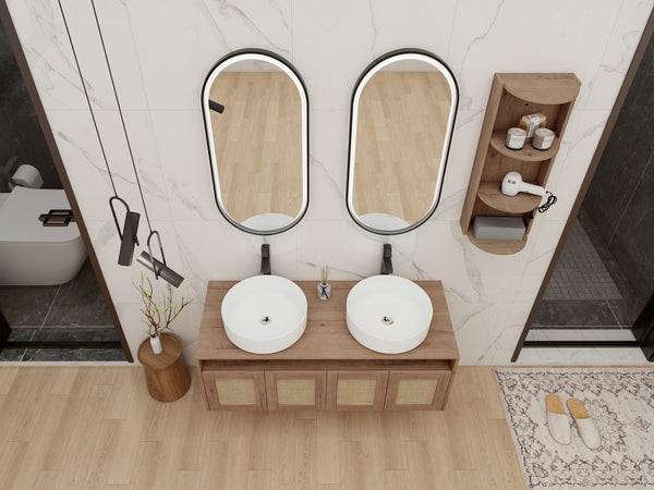 English Elm 48" Floating Bathroom Vanity Dual Ceramic Vessel Sinks Oak Finish Soft Close Doors W999S00504