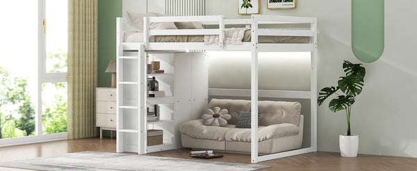 English Elm Wood Full Size Loft Bed with Built-in Wardrobe, 4-Tier Storage Shelves, LED Light, Pine MDF Durable White GX000463AAK