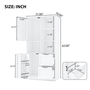 English Elm Bathroom Tall Storage Cabinet with Doors, 2 Drawers, Adjustable Shelf, Anti-Tip, MDF White, Sleek Handles WF530559AAK