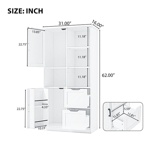 English Elm Bathroom Tall Storage Cabinet with Doors, 2 Drawers, Adjustable Shelf, Anti-Tip, MDF White, Sleek Handles WF530559AAK