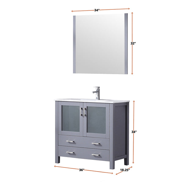 English Elm Dark Grey Bath Vanity 36in W x 18.25in D with White Ceramic Top, Chrome Faucet, 34in Mirror, Durable Finish B2731S01289