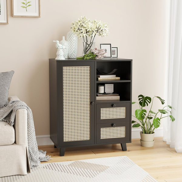 English Elm Rattan Cane Front Sideboard with Drawers Adjustable Shelf Bohemian Storage Cabinet Black T3623P434723