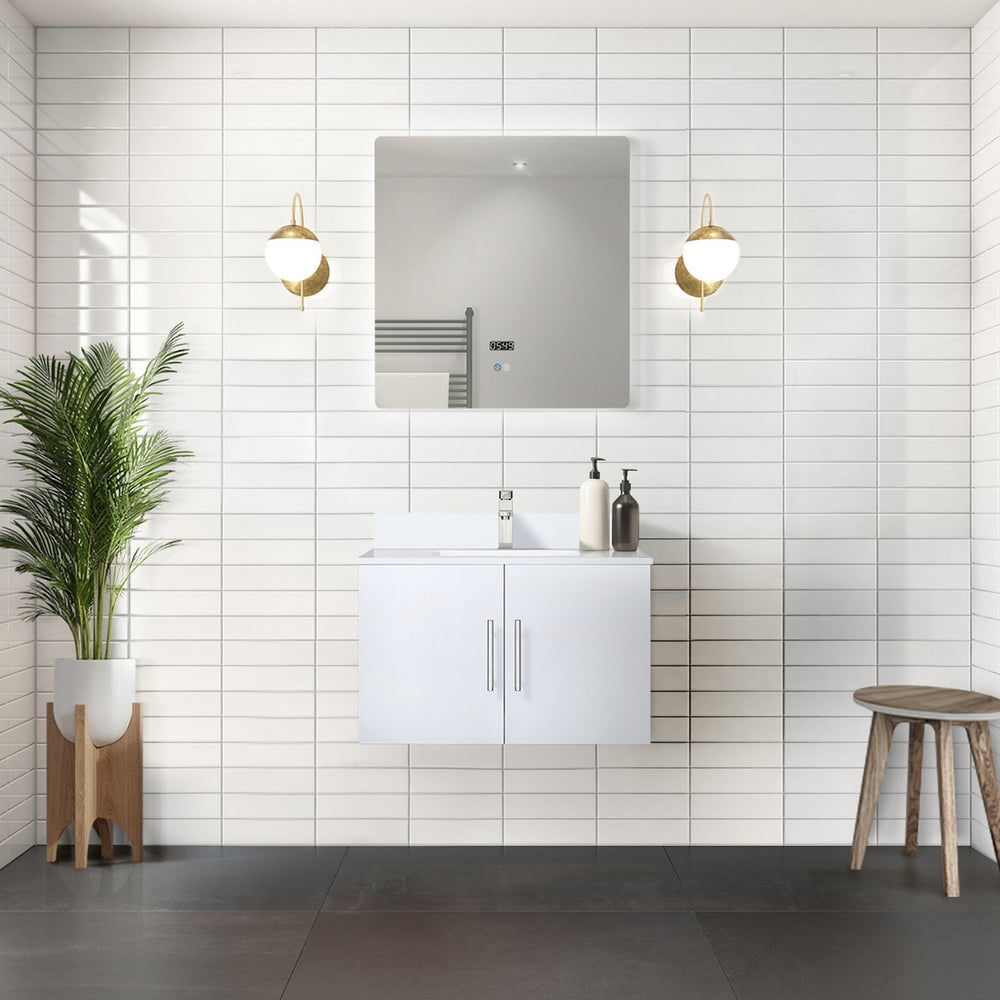 English Elm Glossy 30" White Bath Vanity with Quartz Countertop, Soft-Close Storage & Chrome Faucet Set B2731P258592