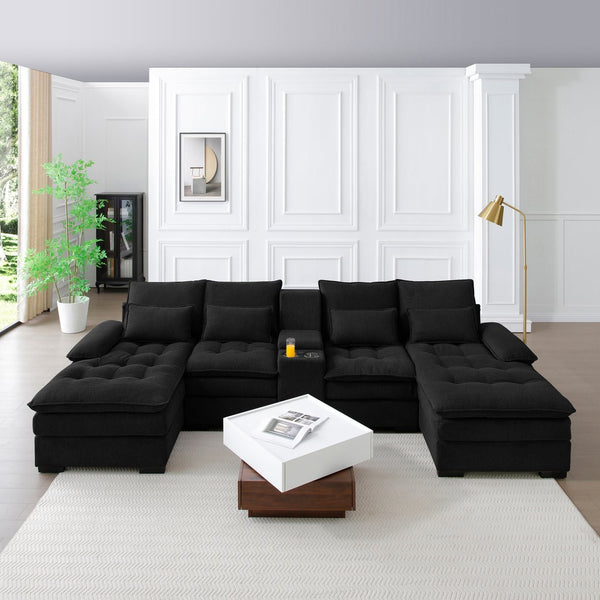 English Elm 130" U-shaped Sectional Sofa Six Seat Linen Upholstered with Built-in Console and Chaise Black W1117S00270