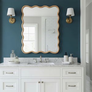 English Elm Natural Wood Wavy Rectangle Solid Wood Frame Mirror 30x40" Rustic Tempered Glass Vanity Decor W2203P389064