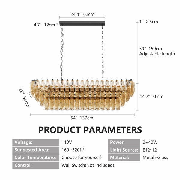 English Elm 54" Modern Black Rectangular Chandelier 12-Light 4-Tier Smoke Glass Farmhouse Pendant for Dining Room Foyer W1340P332564