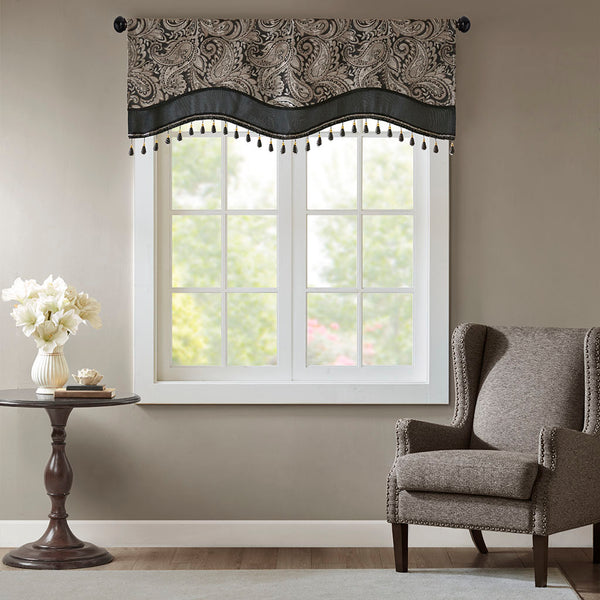 JLA Home Madison Park - Jacquard Aubrey Beaded Valance with Paisley Weave, Faux-Silk Shine, Scalloped Hem & Gold Trim Black MP41-4989