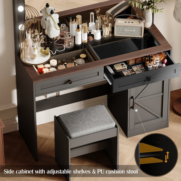 English Elm 43.4"Makeup Vanity Table with Large LED Mirror, Adjustable Brightness, 3 Drawers & Stool for Organized Glam Routine Black W2386P199525