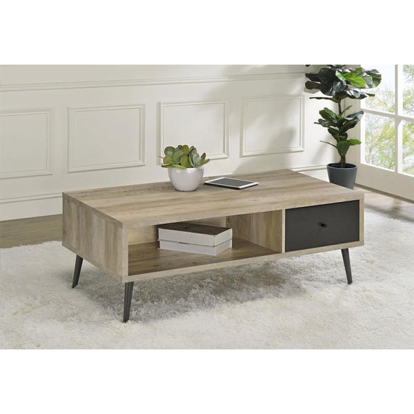 English Elm 1-drawer Retro Rectangular Coffee Table in Distressed Pine Engineered Wood with Deep Gray Drawer & Open Shelf B016P370575