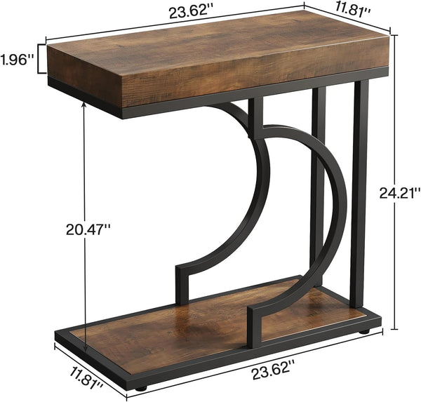 English Elm Modern Two Tier End Table Black Metal Frame Wood Grain Surface for Living Room T3971P456314