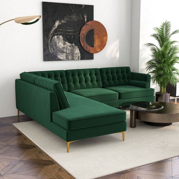 English Elm Ashcroft Furniture - Brooke Green Velvet Left-Facing Sectional Sofa - Stylish, Compact, Comfortable For Living Spaces B183S00014