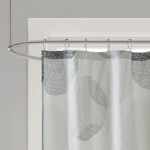 JLA Home Madison Park Essentials - Shower Soft Gray Circular Print 72x72 Lightweight Fabric Curtain with 12 Button Holes, Machine Washable MPE70-038