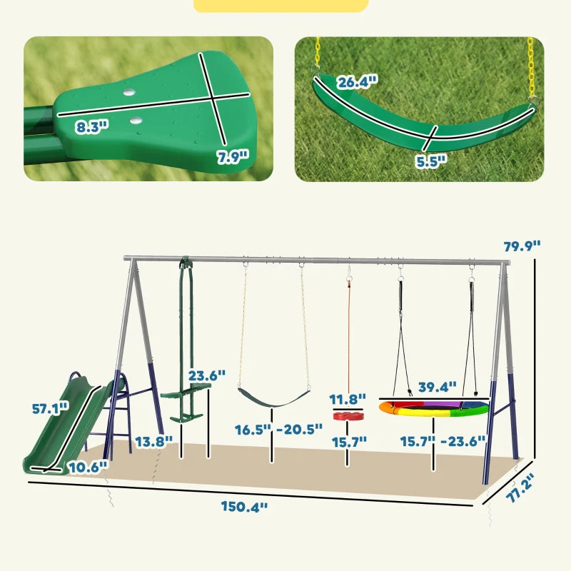 English Elm Outdoor Kids Swing Set with Slide Glider Nest Belt and Standing Swings for Seven T3971P476351