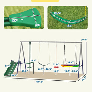 English Elm Outdoor Kids Swing Set with Slide Glider Nest Belt and Standing Swings for Seven T3971P476351