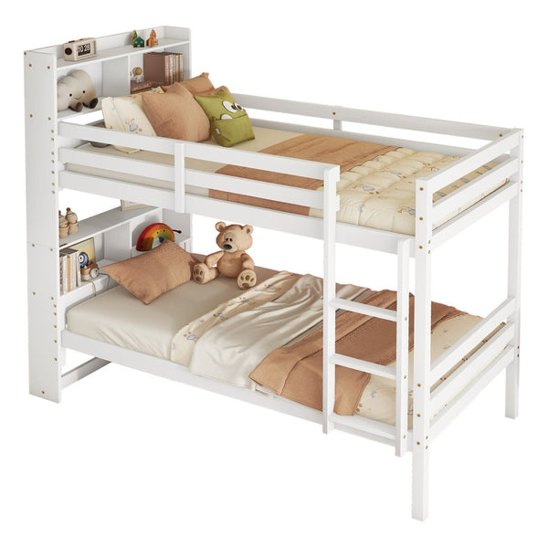 English Elm Twin Over Twin Bunk Bed With Integrated Shelves, Safety Guardrails & Convertible Design, White Finish W504S00214-GIGA
