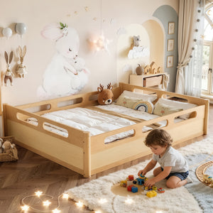 English Elm Queen Low Profile Floor Bed Pine Wood Frame Japandi Minimalist Bedroom Design Natural W1580P438796