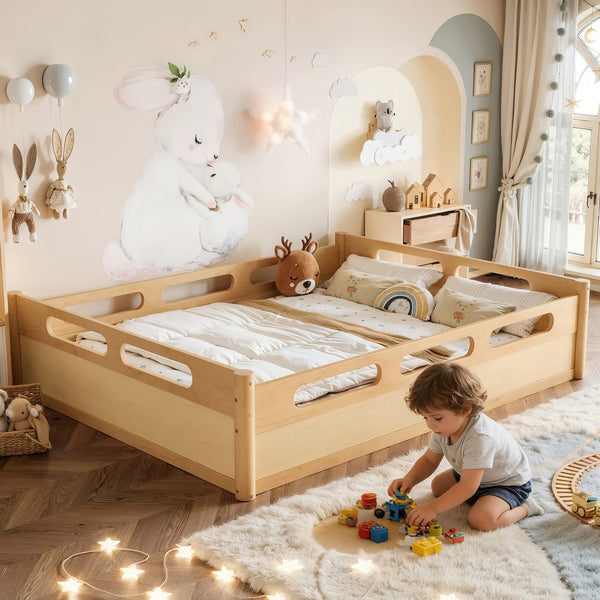 English Elm Queen Low Profile Floor Bed Pine Wood Frame Japandi Minimalist Bedroom Design Natural W1580P438796