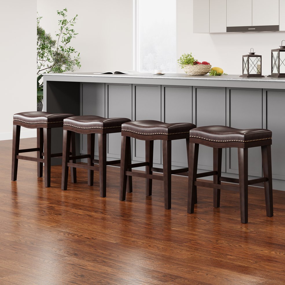 English Elm Christopher Knight Home® - 26" Elegant Saddle Counter Stool Set Of 4 With Nailhead Trim - Dark Brown Pu Upholstery & Sturdy Design 62474.00PU-2