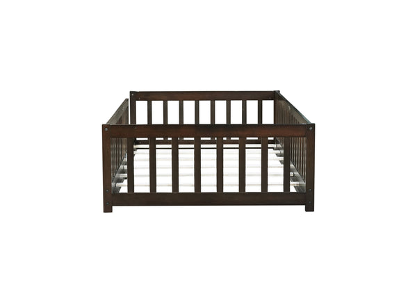 English Elm Twin Low Profile Rubberwood Floor Bed with Full Safety Fence for Toddler Rooms Espresso W504P429337