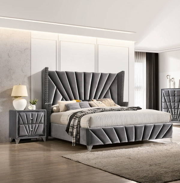 English Elm Bedroom Wooden Queen Bed with High Panel Headboard, Gold Trim Accent, Modern Luxury Design Gray 69.5 L x 26 W x 5 H B2741S00108