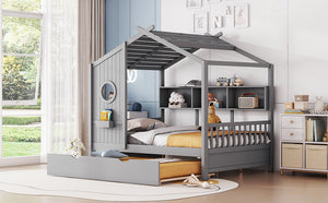 English Elm Wooden Full Size House Bed with Trundle and Built-In Shelves — Modern Pine Frame, Whimsical Roof Design Gray 57.2 L x 16.25 W x 5.9 H N733S316125E