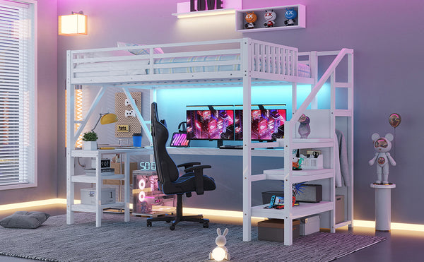 English Elm Metal Full Loft Bed with L Shaped Desk Wardrobe Rgb Lighting and Usb Charging White W2593S00054