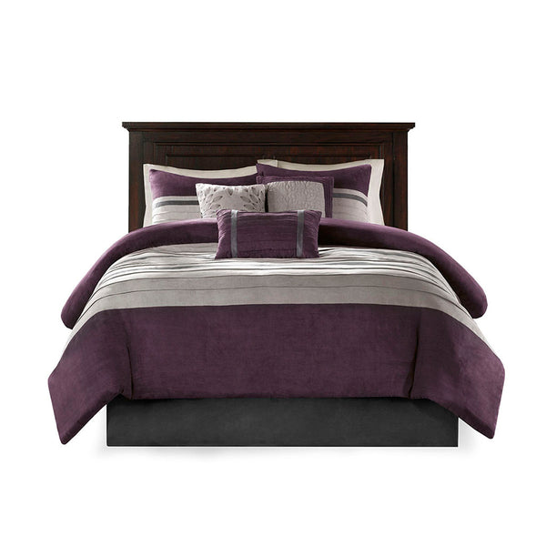 English Elm 7 Pc Faux Suede Comforter Set In Rich Plum & Grey – King Size, Elegant Design With Decorative Pillows B03596910