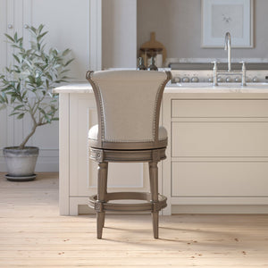 English Elm 26in. Wood High-back Swivel Barstool Farmhouse Style Nailhead Upholstered Kitchen Seat Gray B2751P436432