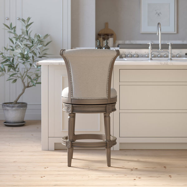 English Elm 26in. Wood High-back Swivel Barstool Farmhouse Style Nailhead Upholstered Kitchen Seat Gray B2751P436432