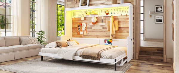 English Elm Queen Murphy Bed with Fold Down Desk Led Lighting and Usb Port for Home Office White W1580S00456