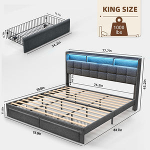 English Elm King LED Linen Platform Bed with Headboard Storage, 2 Drawers, Fast Charging & Mood Lights W1550P190363