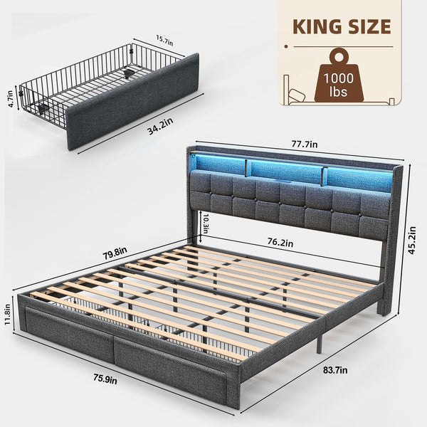 English Elm King LED Linen Platform Bed with Headboard Storage, 2 Drawers, Fast Charging & Mood Lights W1550P190363