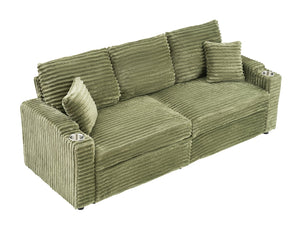 English Elm 80-inch Corduroy Folding Sofa Bed with Hidden Recline, Cup Holder & Pillows, Solid Wood Frame, 500lb Green W3356S00006