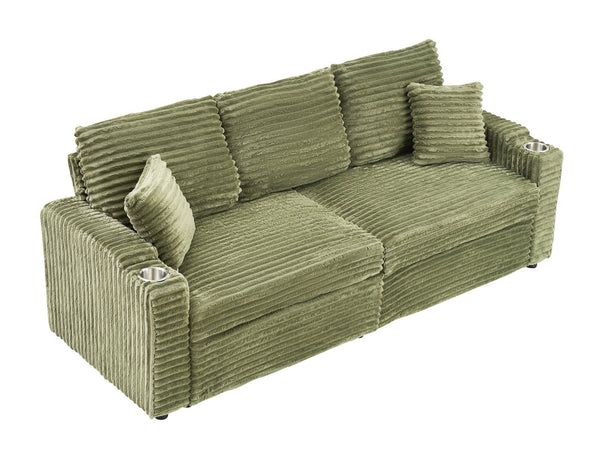 English Elm 80-inch Corduroy Folding Sofa Bed with Hidden Recline, Cup Holder & Pillows, Solid Wood Frame, 500lb Green W3356S00006