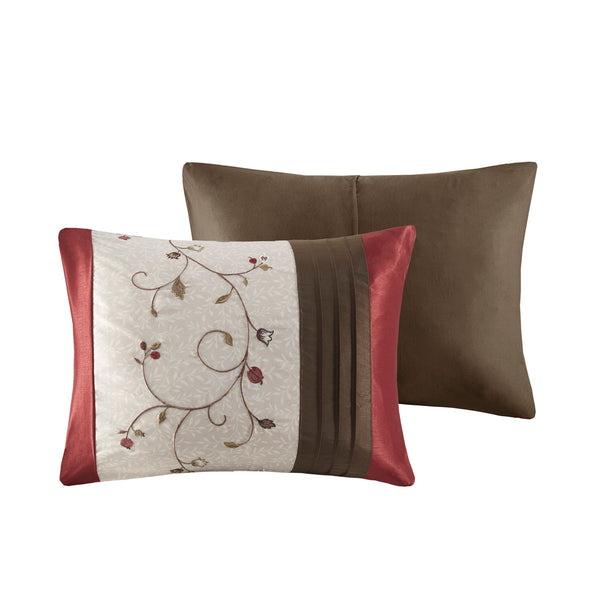 English Elm Embroidered Serene 7-Piece Comforter Set Cal King in Red Chocolate Ivory – Shiny Dupioni, Floral Embroidery, Decorative Pillows B03596928
