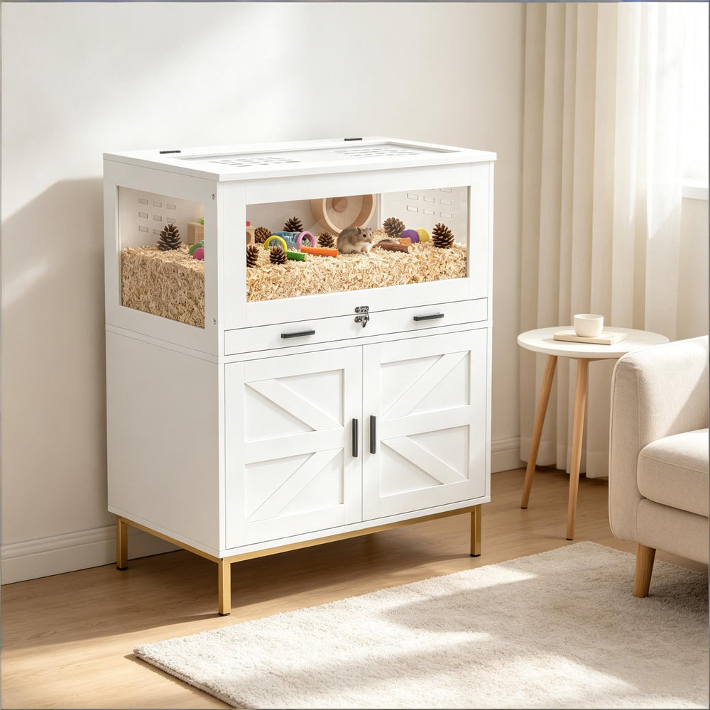 English Elm Spacious Small Animal Habitat with Acrylic Panels Storage Cabinet and Slide Out Tray T3971P500044