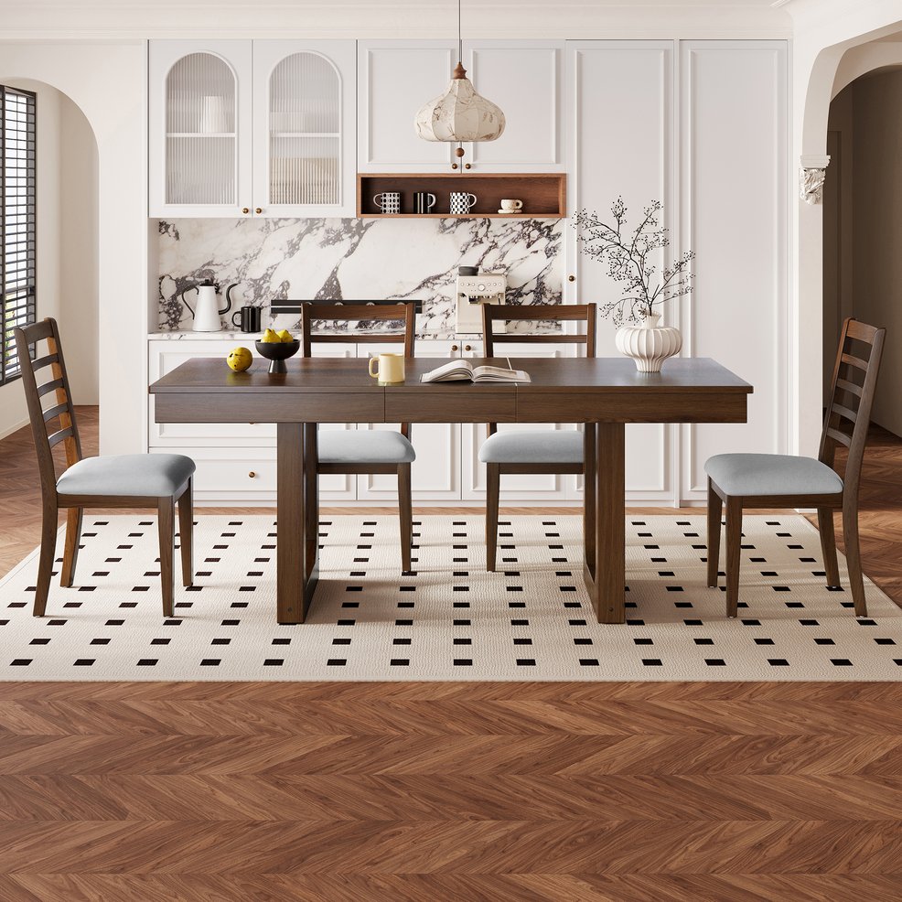 English Elm 5-piece Farmhouse Dining Set Oak Veneer Butterfly Leaf Table Four Upholstered Chairs Beige,Walnut N752S109000D