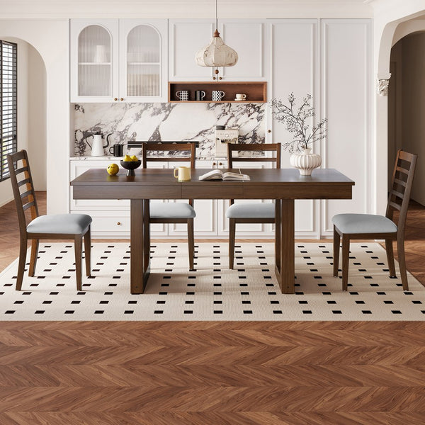 English Elm 5-piece Farmhouse Dining Set Oak Veneer Butterfly Leaf Table Four Upholstered Chairs Beige,Walnut N752S109000D