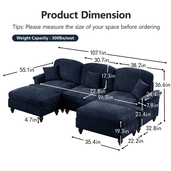 English Elm Classic Comfy Modular Sectional Sofa With Flared Arms, Removable Skirts & Movable Ottomans, Blue W3041S00257