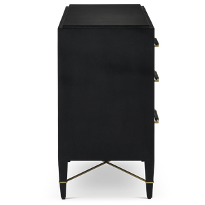 Verona Black Three-Drawer Chest - Elegant Lacquered Linen Design with Champagne Metal Accents