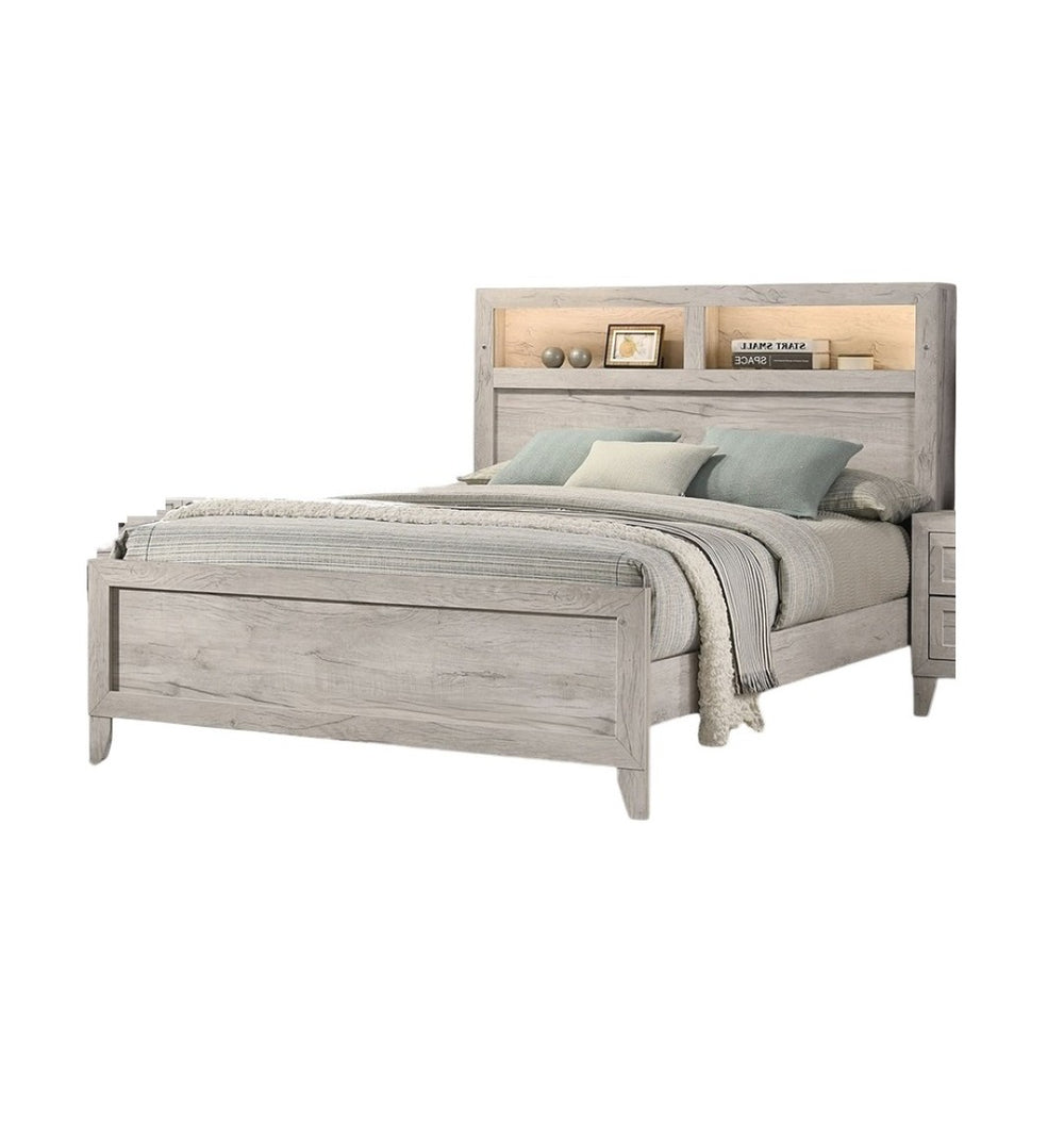 English Elm Simple Queen Size Bed With Integrated Headboard Shelves & Ambient Lighting - White Wash Finish B2741S00220-GIGA
