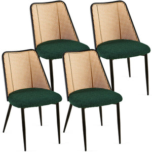 English Elm Green Rattan Dining Chairs Set Of 4 - Stylish Boucle Upholstered Seats With Natural Cane Backs W1164P218674