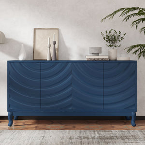 English Elm Elegant Navy Blue Sideboard, 4-Door Storage Cabinet with Arched Groove Wavy Doors, Adjustable Shelves W2696P245317