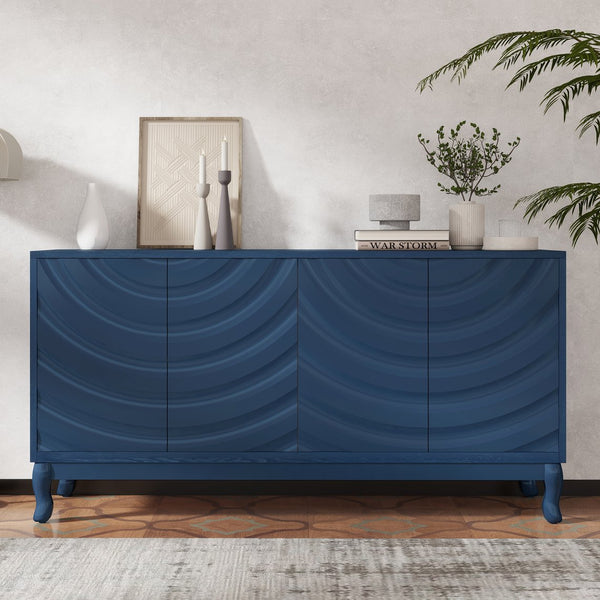 English Elm Elegant Navy Blue Sideboard, 4-Door Storage Cabinet with Arched Groove Wavy Doors, Adjustable Shelves W2696P245317