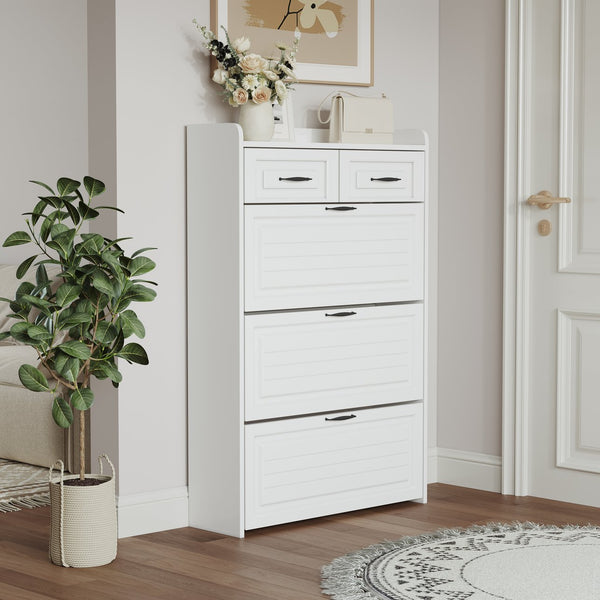 English Elm 1250 White Shoe Cabinet With 3 Drop-Down Doors & 2 Drawers – Stylish, Space-Saving Storage Solution! W1320P236450