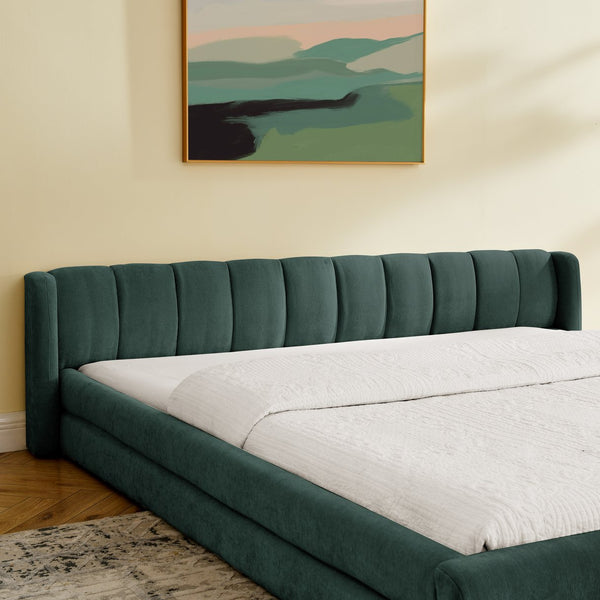 English Elm King Platform Bed Full Chenille Upholstery Low Profile Frame for Modern Bedroom Blue+Green W487S00435