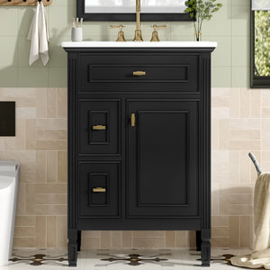 English Elm 24-Inch Bathroom Vanity with Sink, Solid Wood & MDF, Ceramic Top, Gold Handles, Flip Drawer Design Black N725P350824B