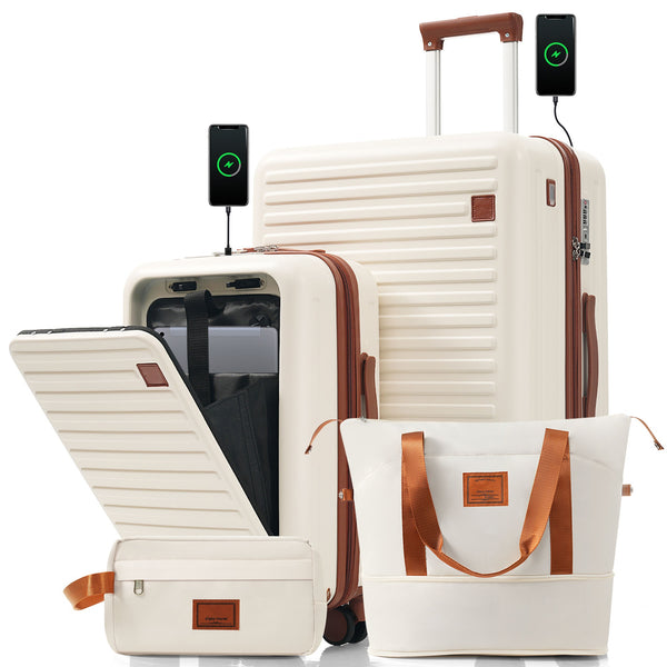 English Elm 4-piece Hard Shell Luggage Set with Usb Ports Tsa Lock and Front Access Carry-on Ivory N726P268997O